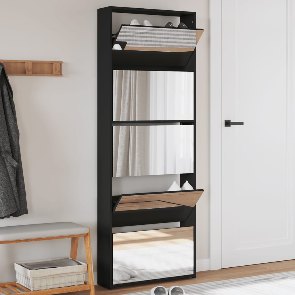 Schuhschrank Mit Spiegel 5 Fächer 63X17X169,5 Cm Schwarz