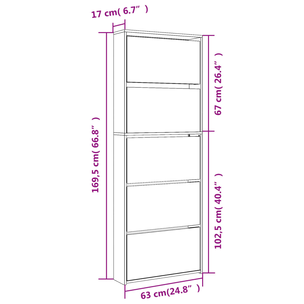 Schuhschrank Mit Spiegel 5 Fächer 63X17X169,5 Cm Betongrau