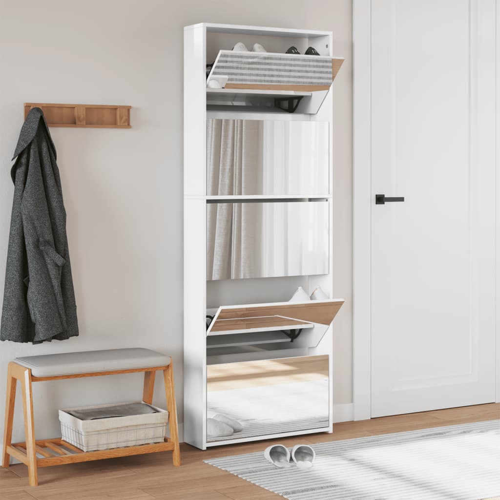 Schuhschrank Mit Spiegel 5 Fächer 63X17X169,5 Cm Hochglanz-Weiß