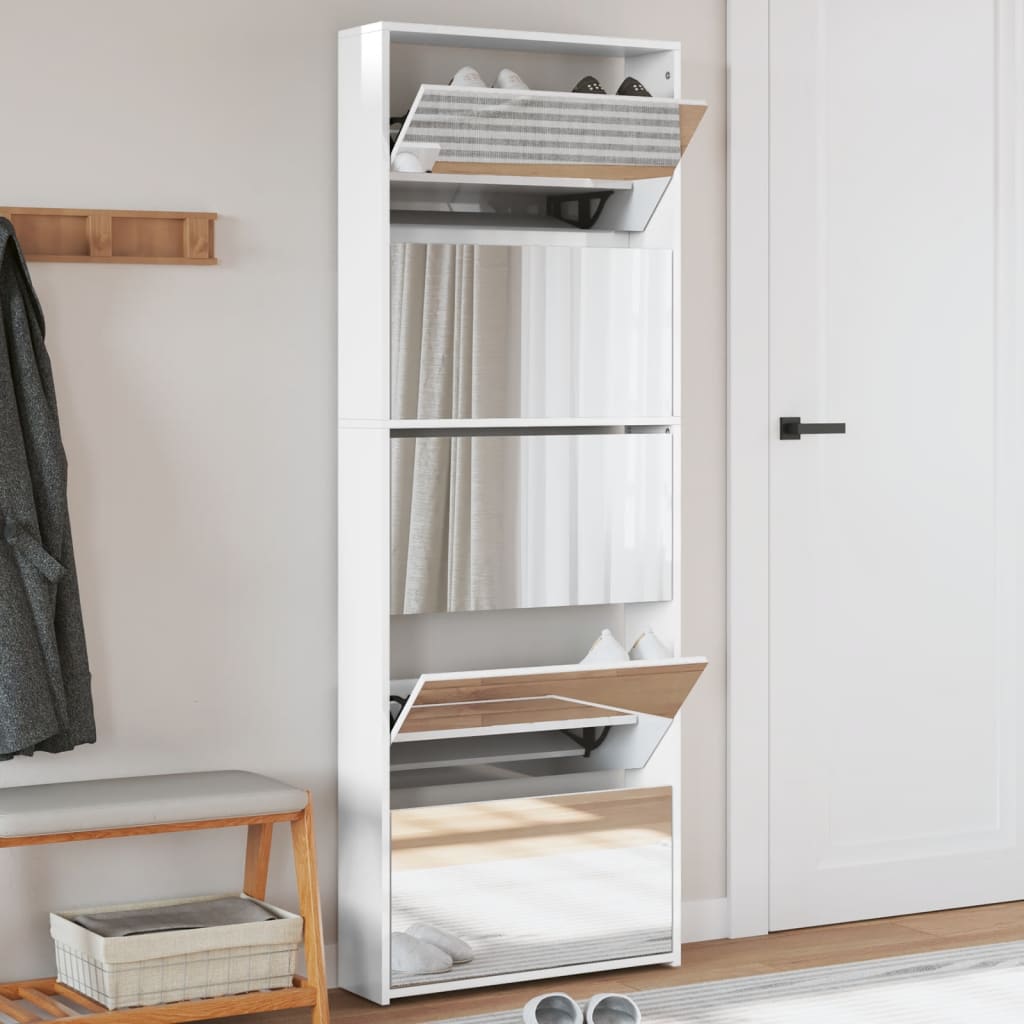 Schuhschrank Mit Spiegel 5 Fächer 63X17X169,5 Cm Hochglanz-Weiß