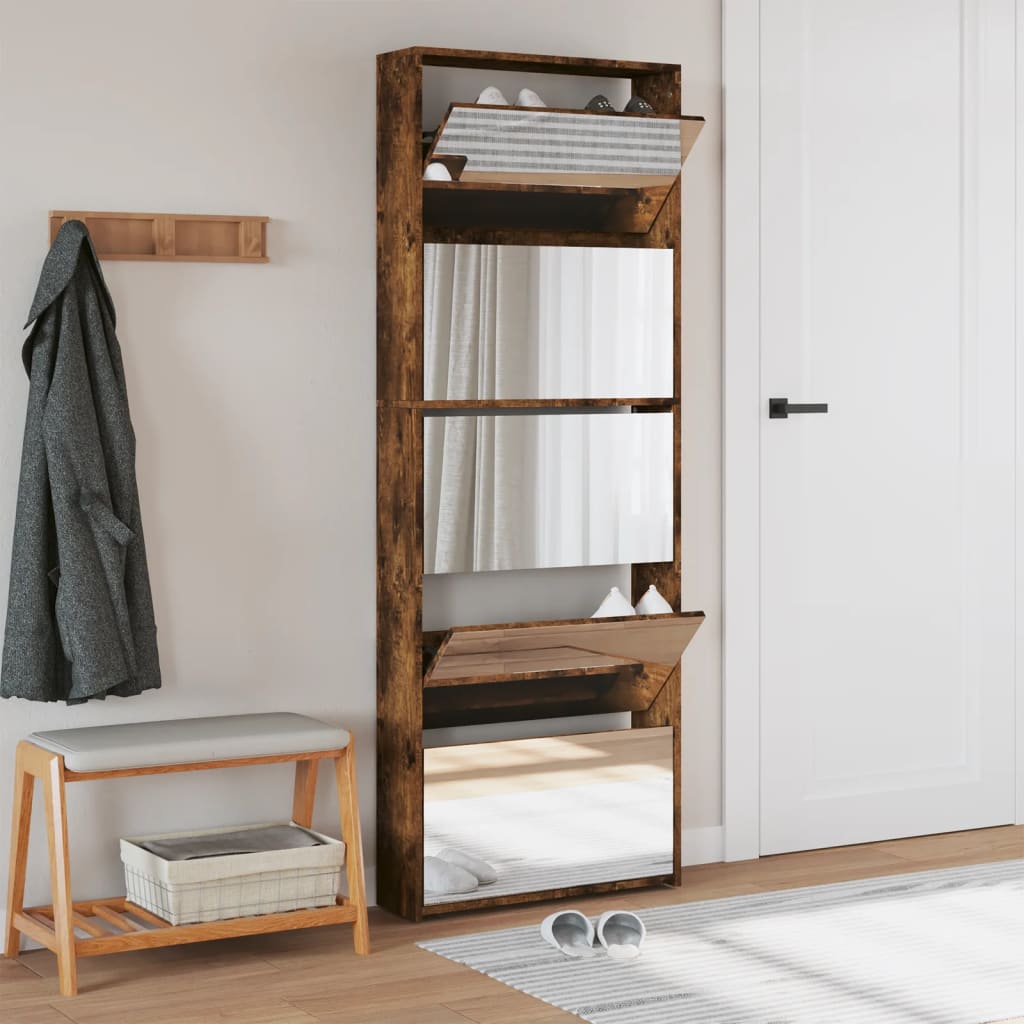 Schuhschrank Mit Spiegel 5 Fächer 63X17X169,5 Cm Räuchereiche