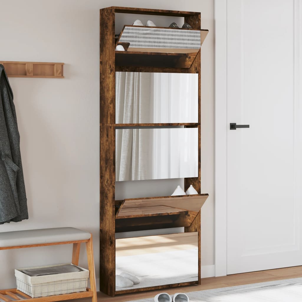 Schuhschrank Mit Spiegel 5 Fächer 63X17X169,5 Cm Räuchereiche