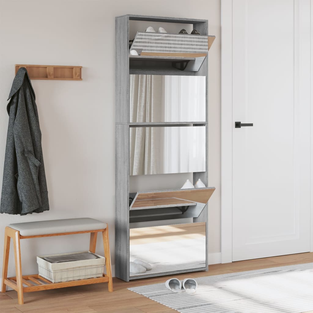 Schuhschrank Mit Spiegel 5 Fächer 63X17X169,5 Cm Grau Sonoma