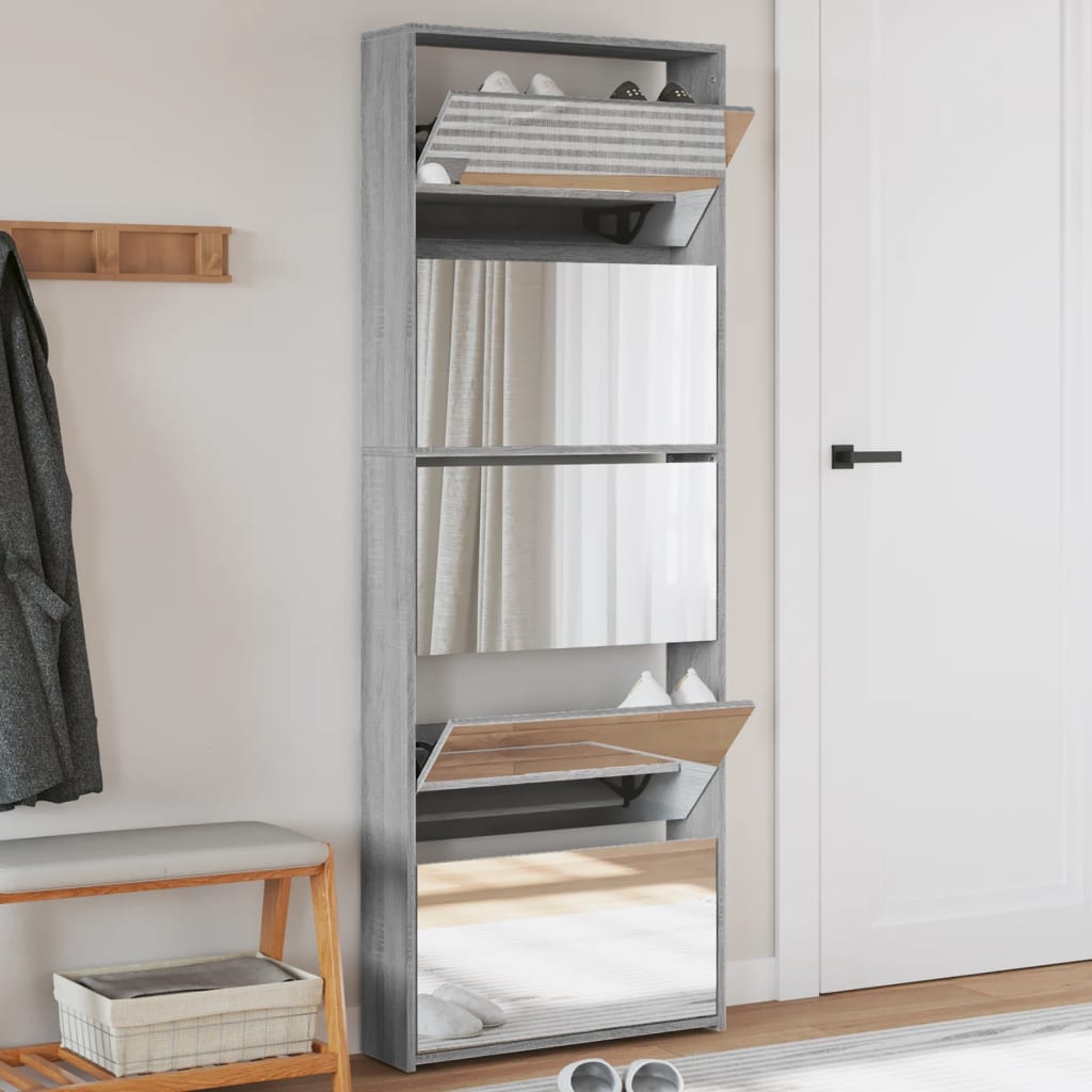 Schuhschrank Mit Spiegel 5 Fächer 63X17X169,5 Cm Grau Sonoma