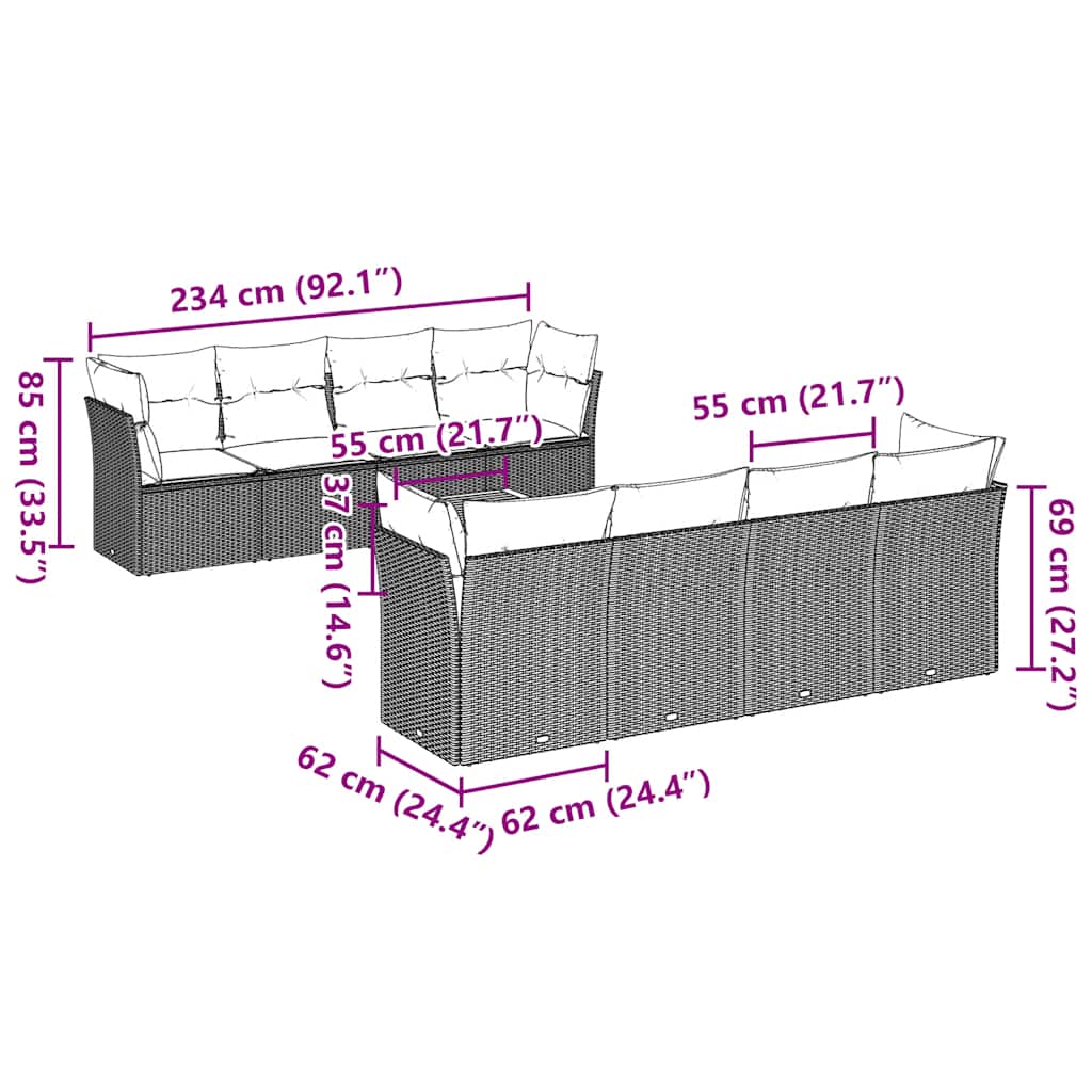 9-Tlg. Garten-Sofagarnitur Mit Kissen Poly Rattan