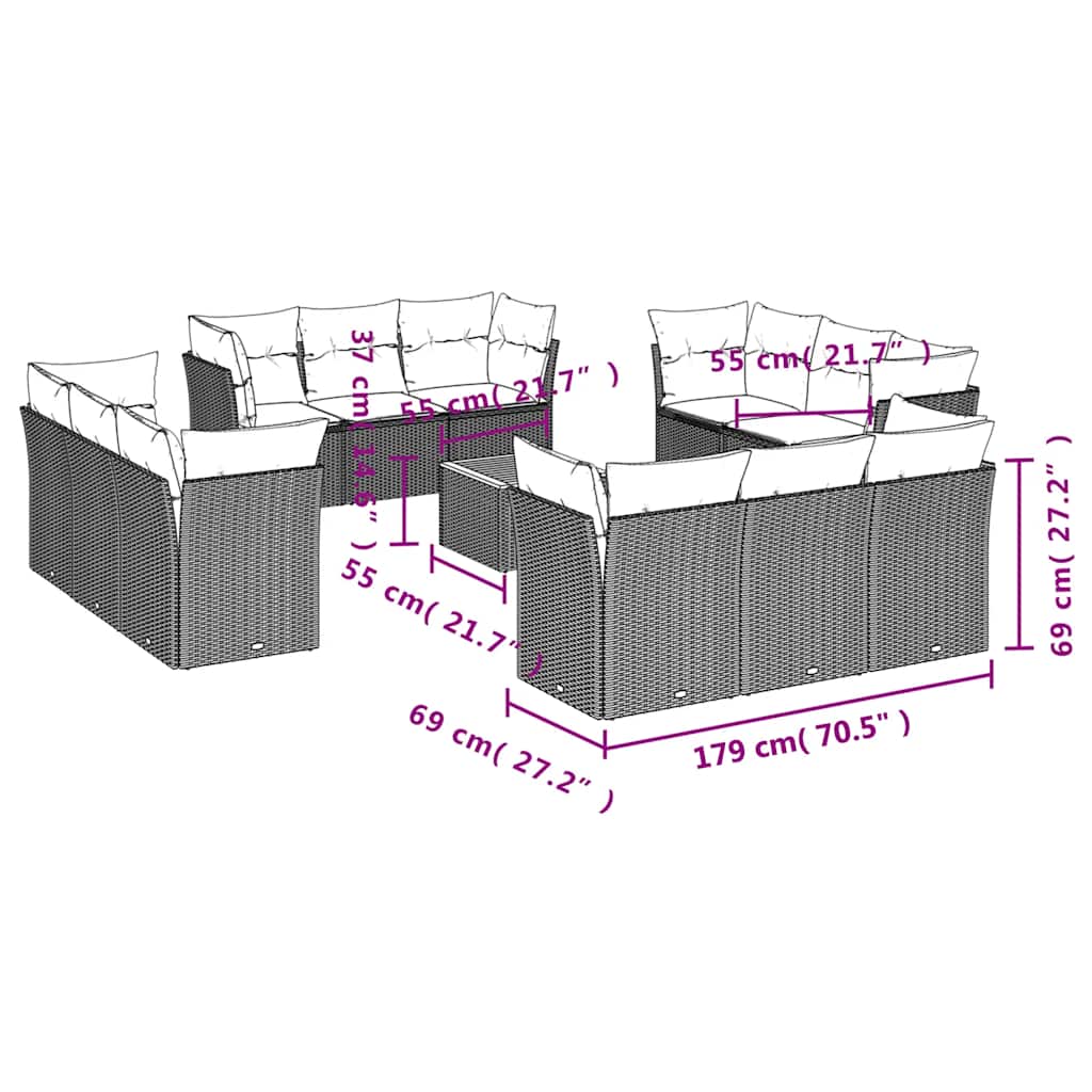 13-Tlg. Garten-Sofagarnitur Mit Kissen Poly Rattan