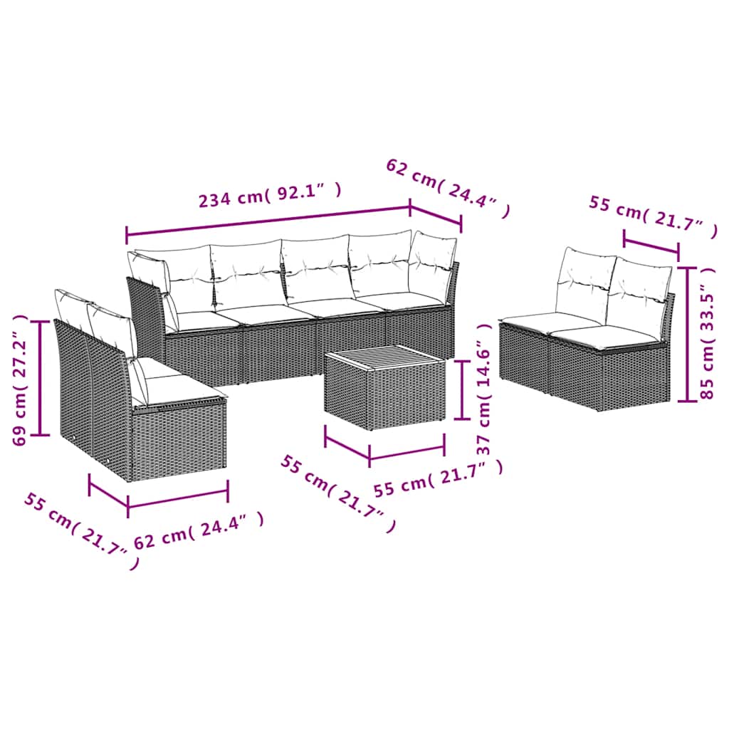 9-Tlg. Garten-Sofagarnitur Mit Kissen Poly Rattan