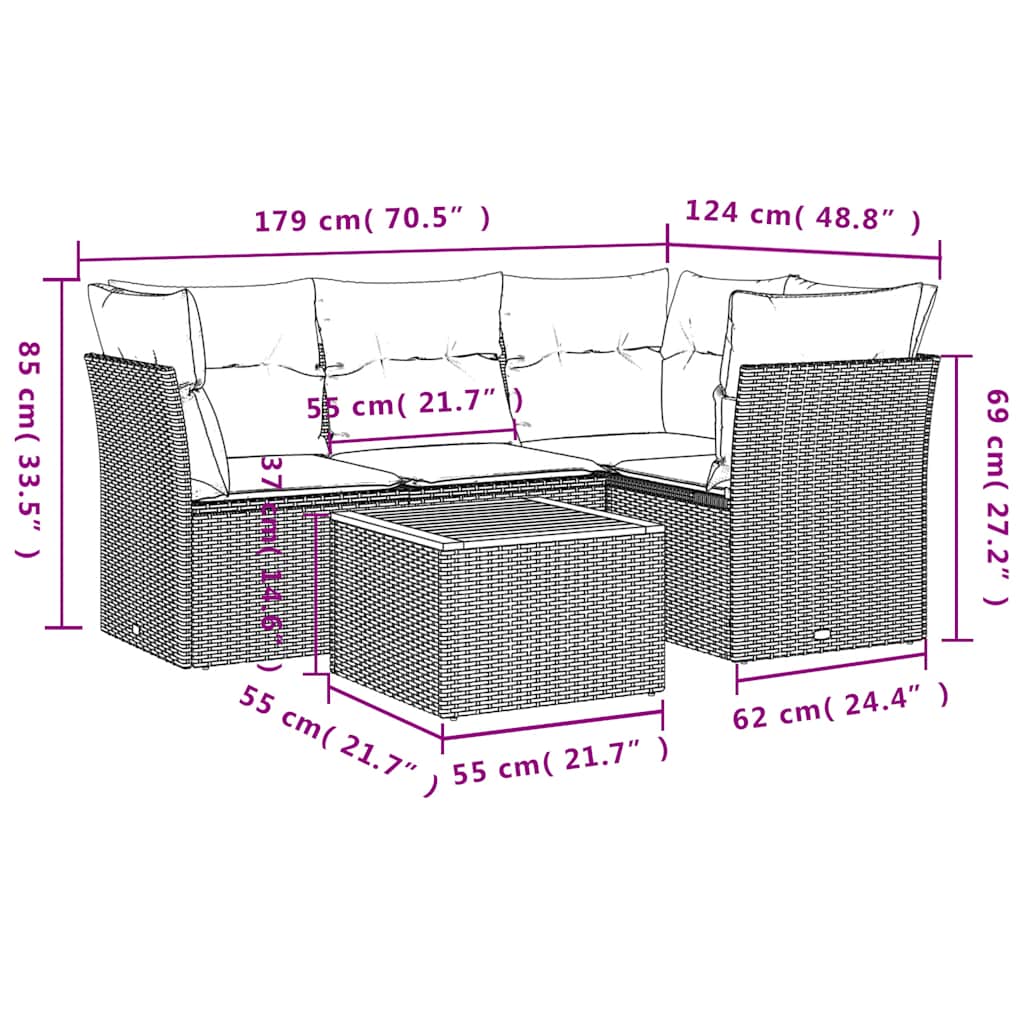 5-Tlg. Garten-Sofagarnitur Mit Kissen Poly Rattan