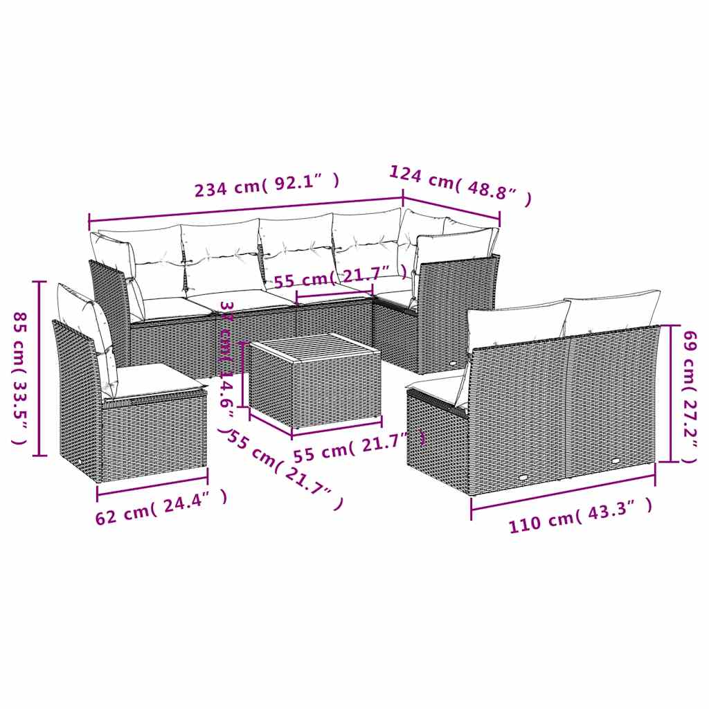 9-Tlg. Garten-Sofagarnitur Mit Kissen Poly Rattan