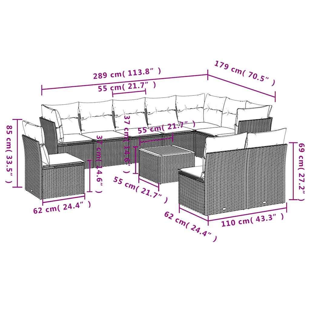 11-Tlg. Garten-Sofagarnitur Mit Kissen Poly Rattan