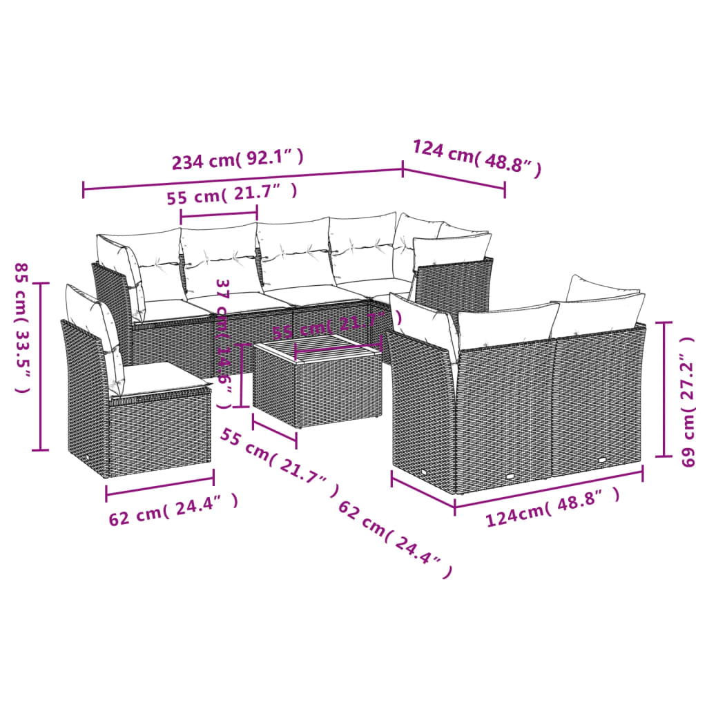 9-Tlg. Garten-Sofagarnitur Mit Kissen Poly Rattan