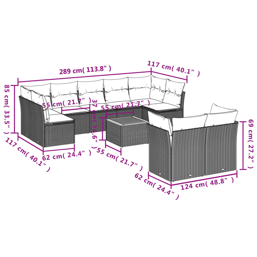 10-Tlg. Garten-Sofagarnitur Mit Kissen Poly Rattan