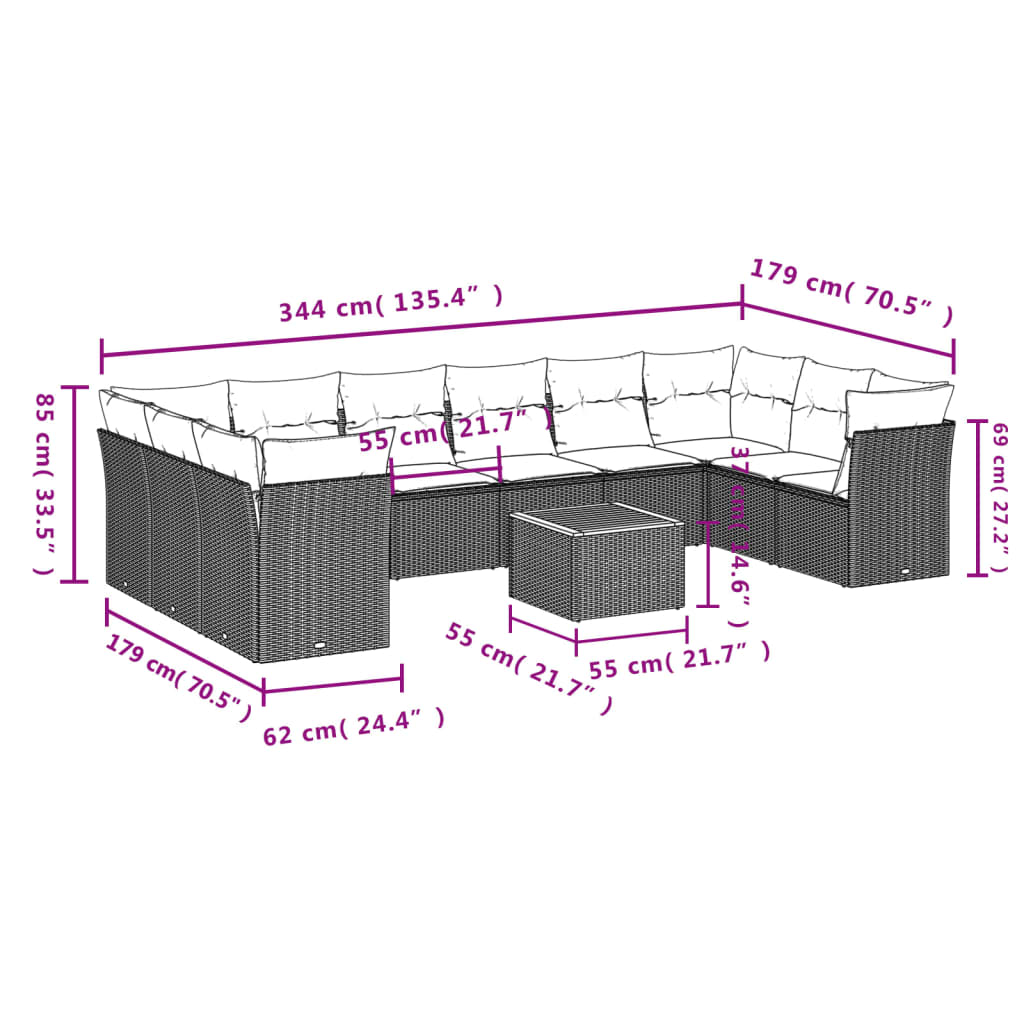 11-Tlg. Garten-Sofagarnitur Mit Kissen Poly Rattan