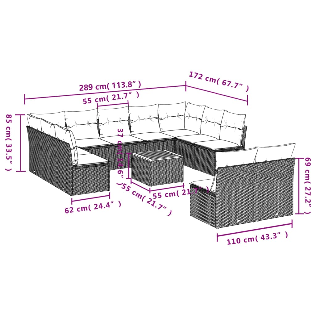 12-Tlg. Garten-Sofagarnitur Mit Kissen Poly Rattan