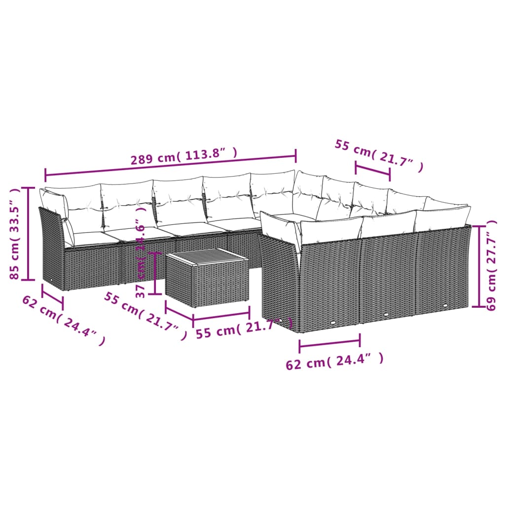 12-Tlg. Garten-Sofagarnitur Mit Kissen Poly Rattan