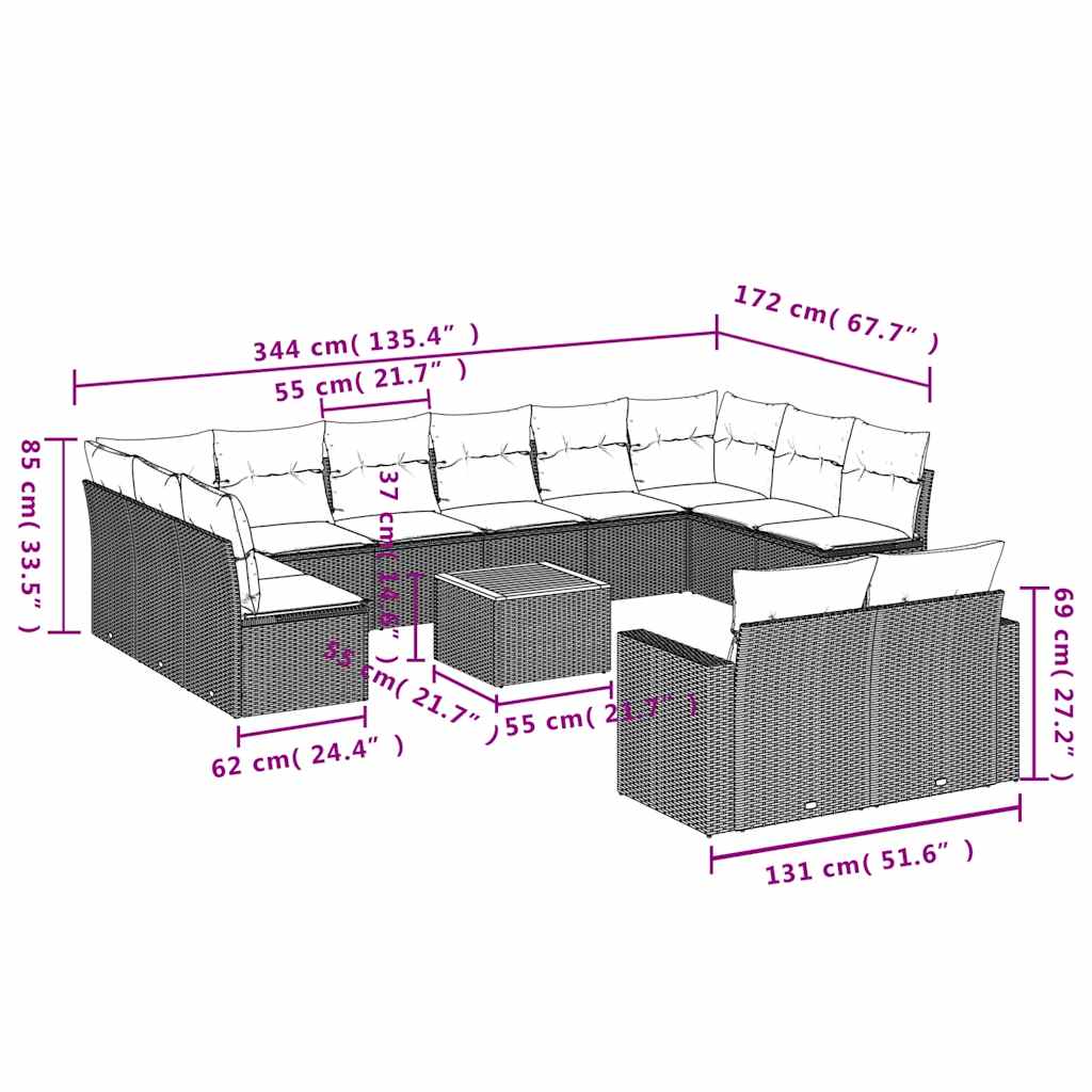 13-Tlg. Garten-Sofagarnitur Mit Kissen Poly Rattan