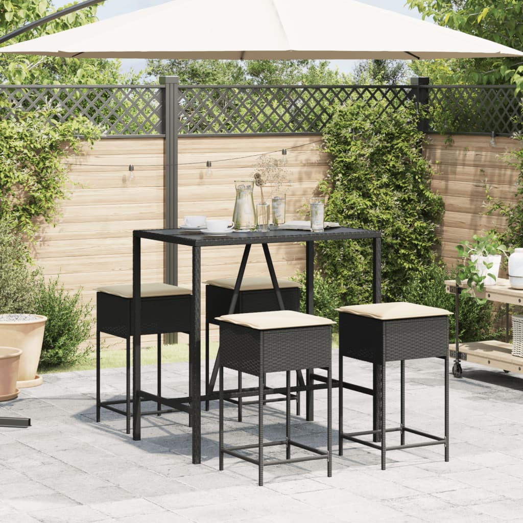 5-Tlg. Gartenbar-Set Mit Kissen Schwarz Poly Rattan