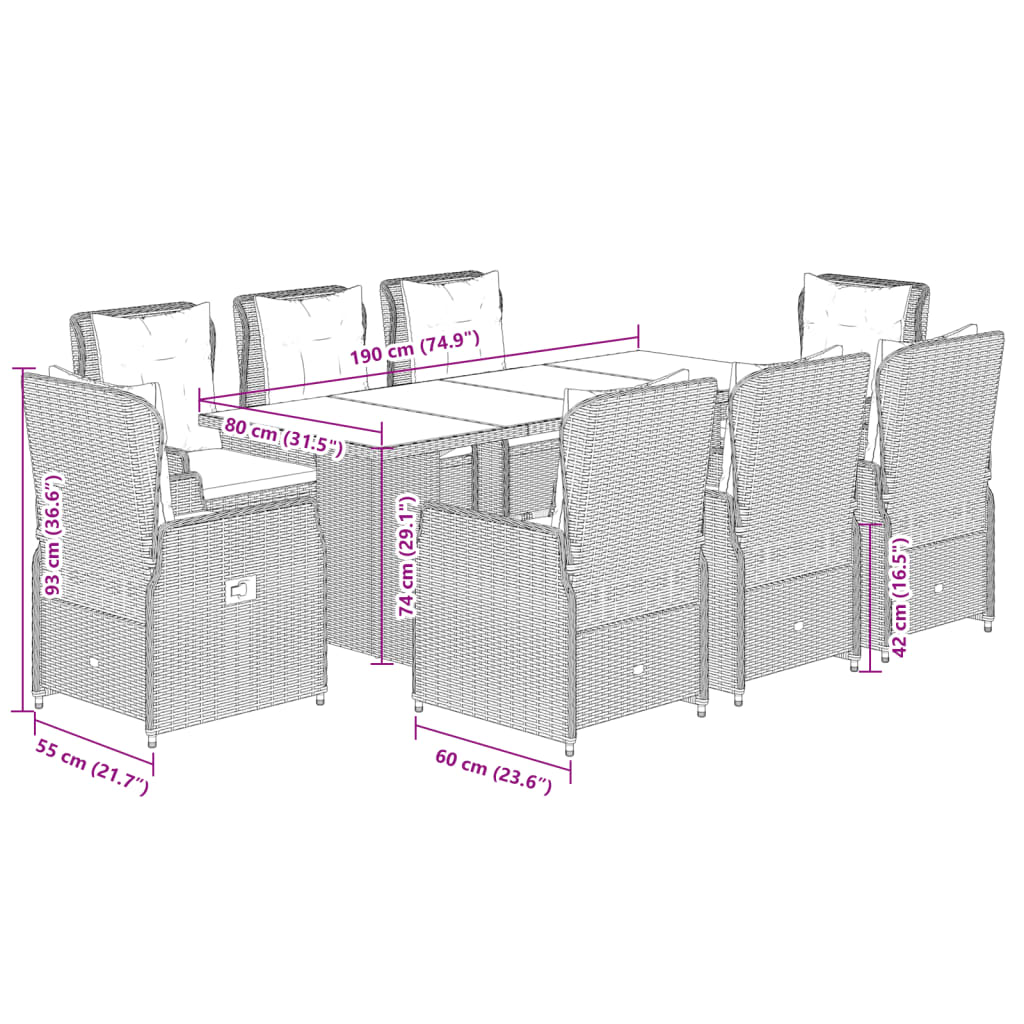 9-Tlg. Garten-Essgruppe Mit Kissen Poly Rattan