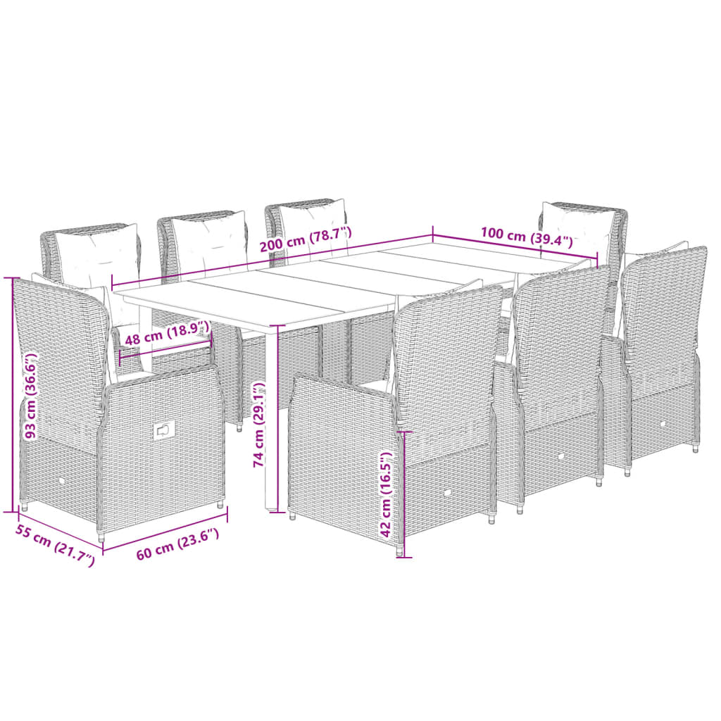 9-Tlg. Garten-Essgruppe Mit Kissen Poly Rattan