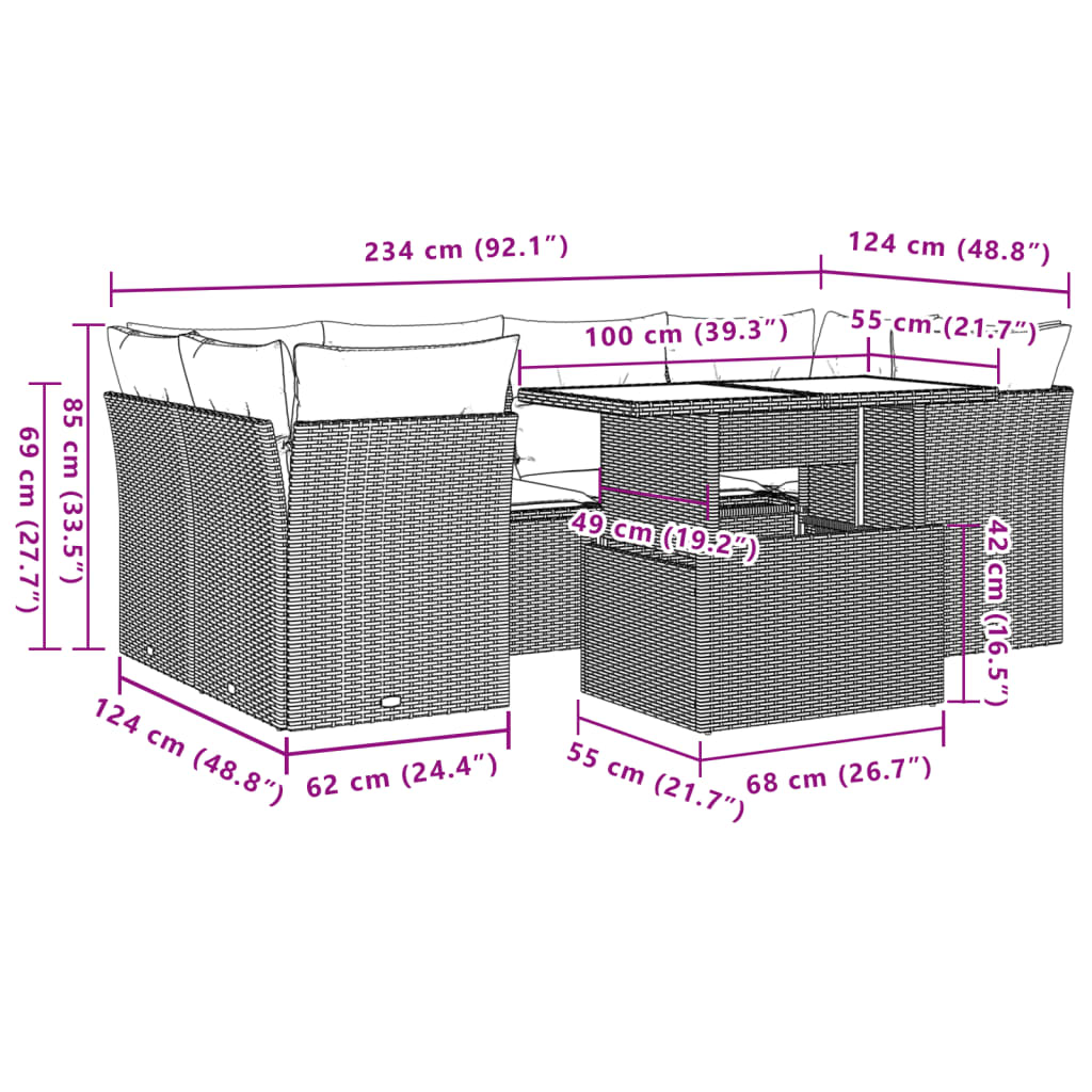 7-Teiliges Gartensofa-Set Mit Kissen, Es Polyrattan