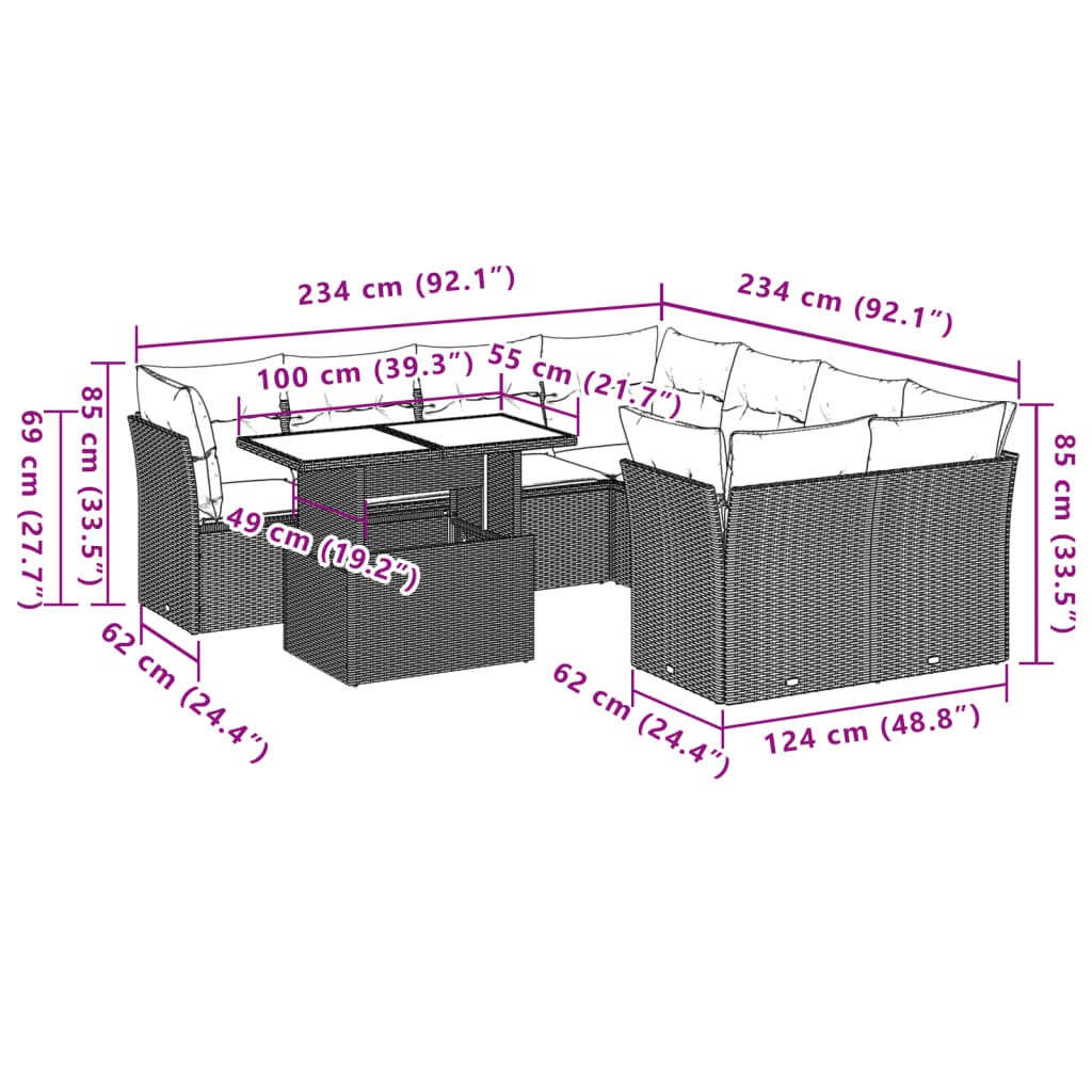 9-Teiliges Gartensofa-Set Mit Kissen, Es Polyrattan