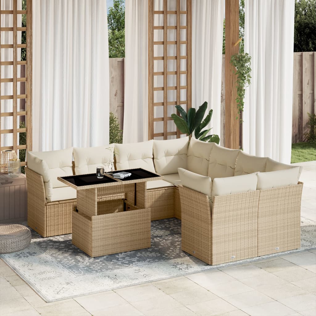 9-Tlg. Garten-Sofagarnitur Mit Kissen Beige Poly Rattan