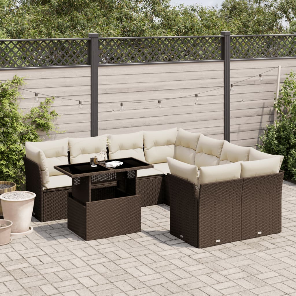 9-Tlg. Garten-Sofagarnitur Mit Kissen Beige Poly Rattan