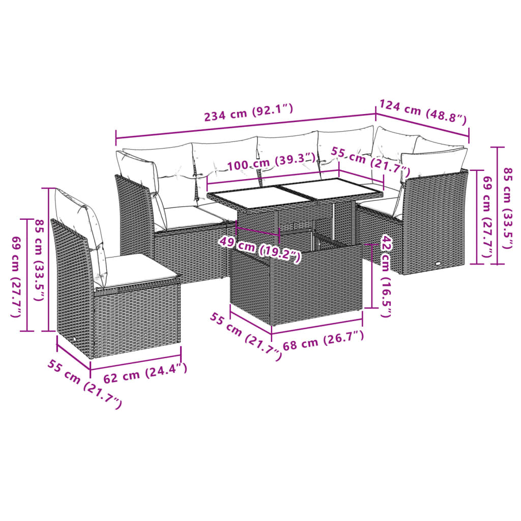 7-Teiliges Gartensofa-Set Mit Kissen, Es Polyrattan