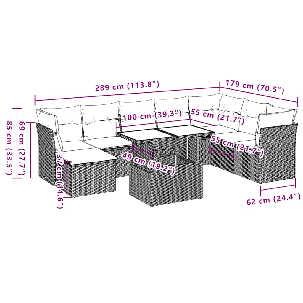 9-Teiliges Gartensofa-Set Mit Kissen, Es Polyrattan