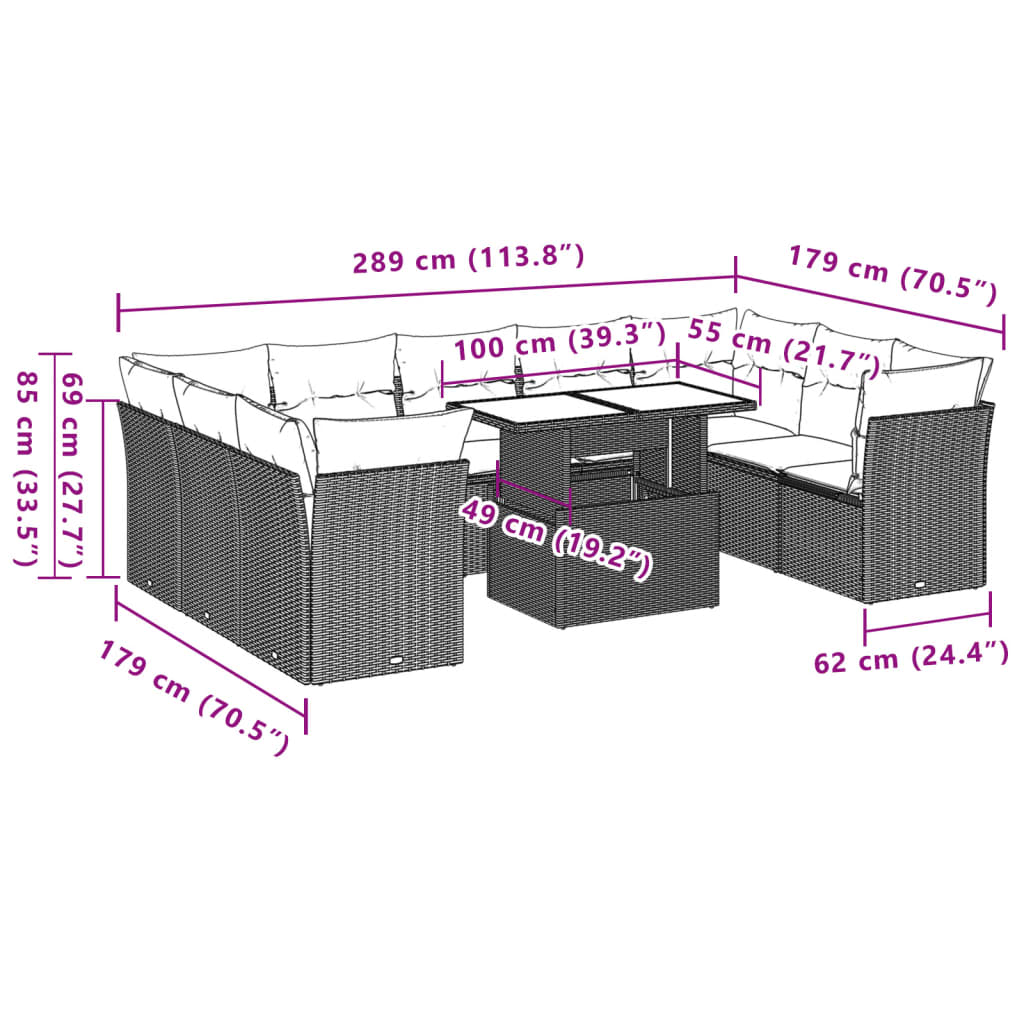 10-Teiliges Gartensofa-Set Mit Kissen, Es Polyrattan