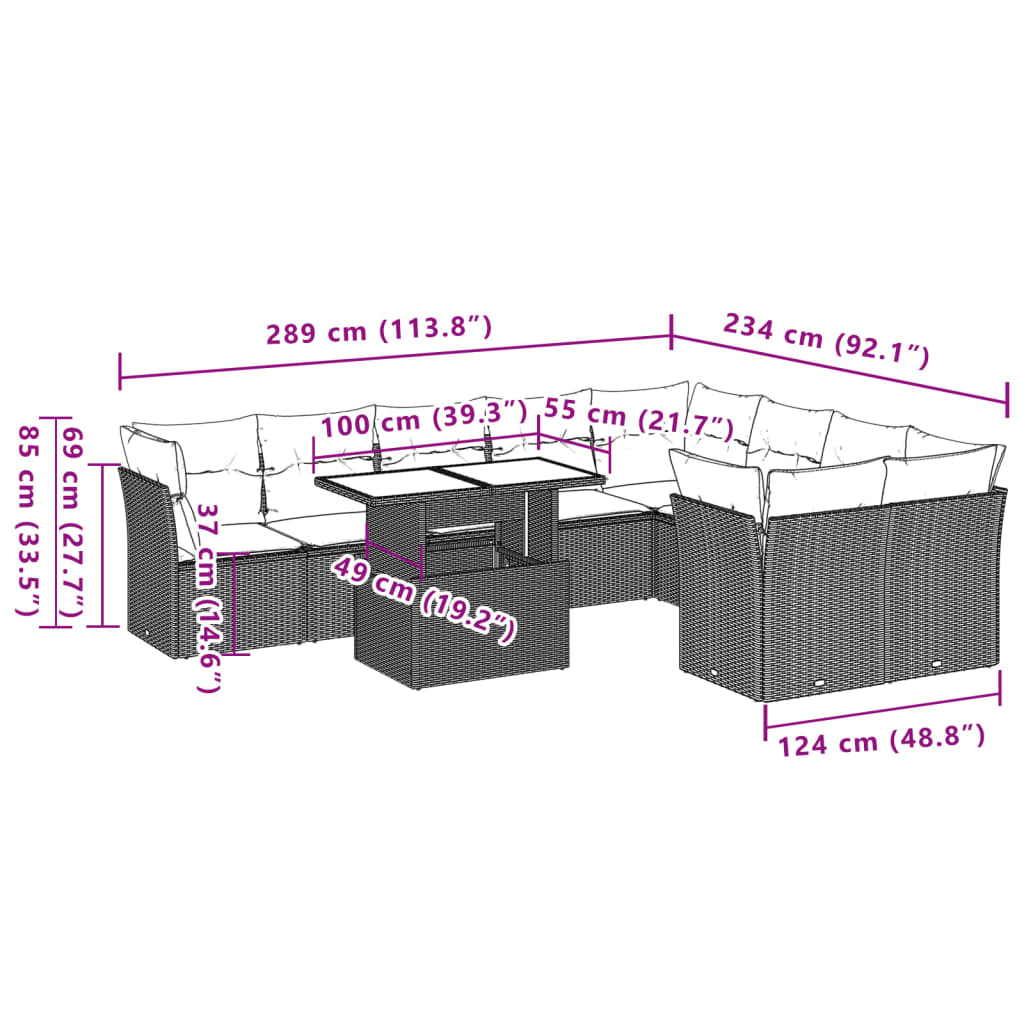 10-Teiliges Gartensofa-Set Mit Kissen, Es Polyrattan