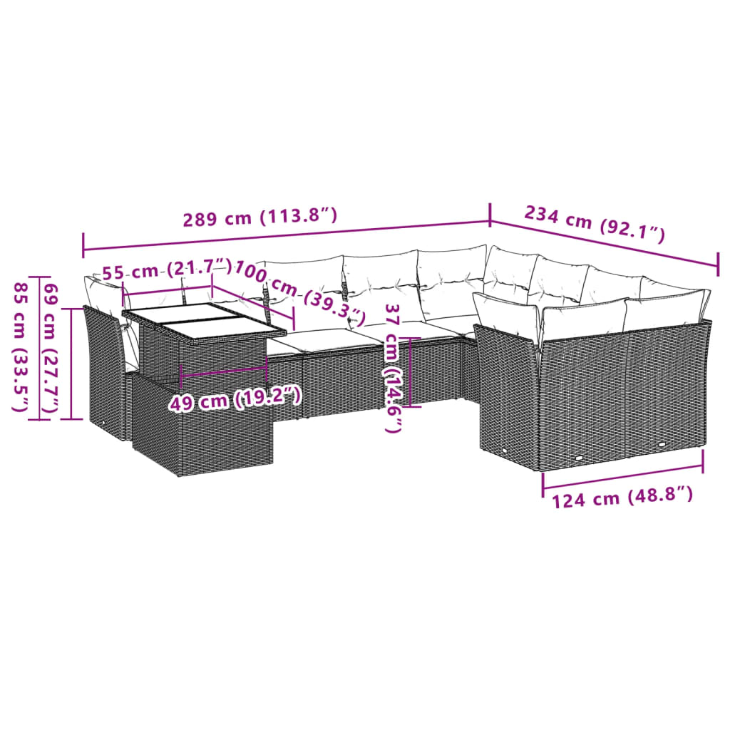 10-Teiliges Gartensofa-Set Mit Kissen, Es Polyrattan