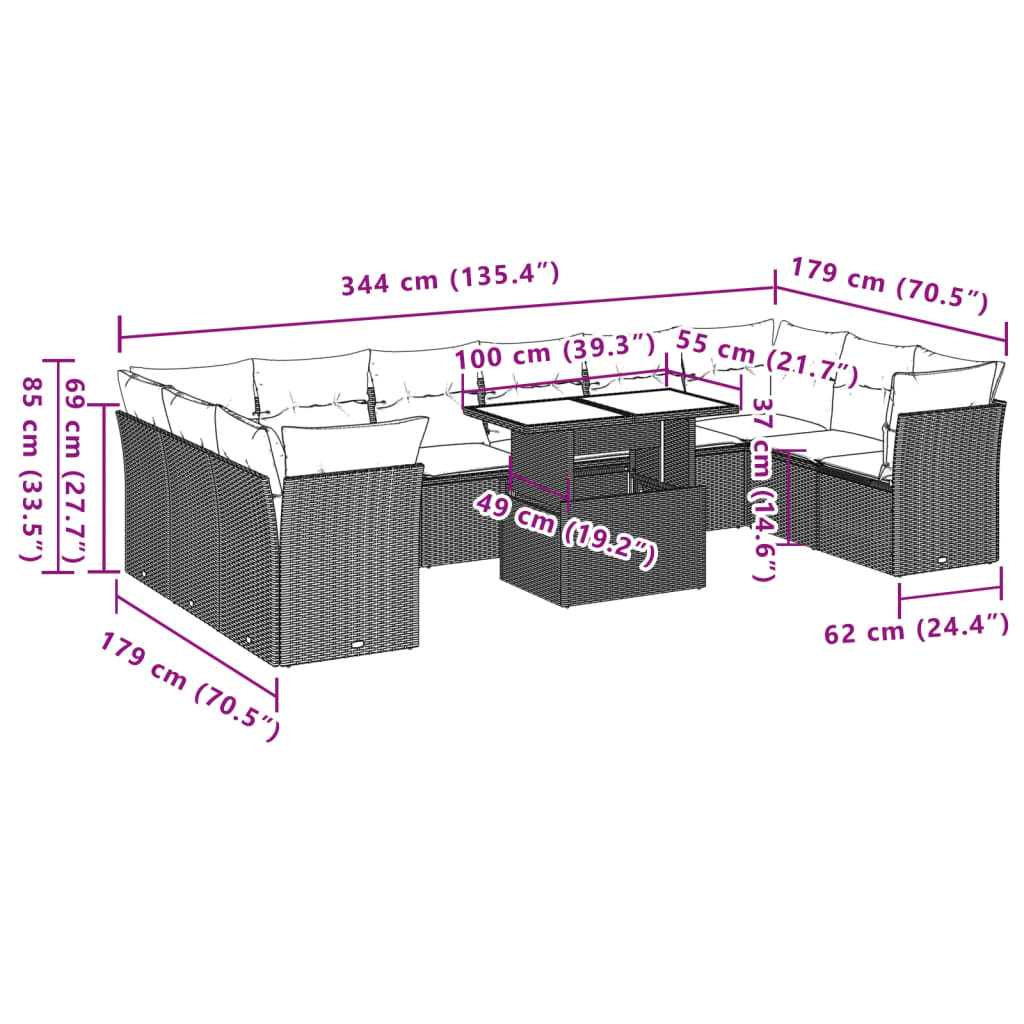 11-Teiliges Gartensofa-Set Mit Kissen, Es Polyrattan
