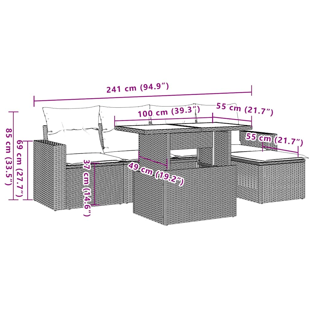 6-Teiliges Gartensofa-Set Mit Kissen, Es Polyrattan