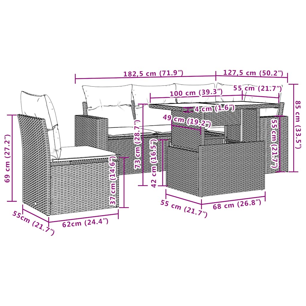 6-Teiliges Gartensofa-Set Mit Kissen, Es Polyrattan