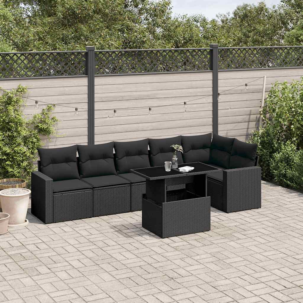 7-Tlg. Garten-Sofagarnitur Mit Kissen Schwarz Poly Rattan