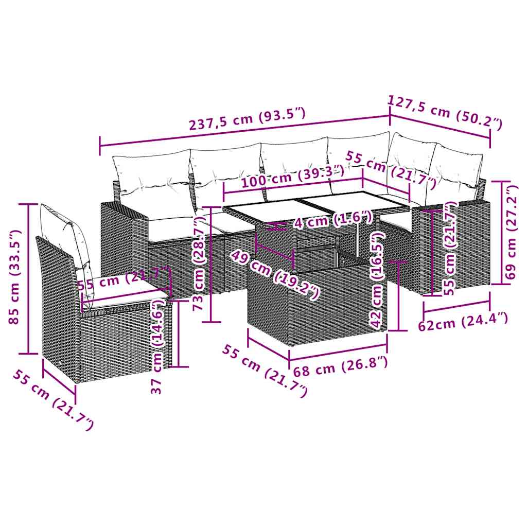 7-Teiliges Gartensofa-Set Mit Kissen, Es Polyrattan