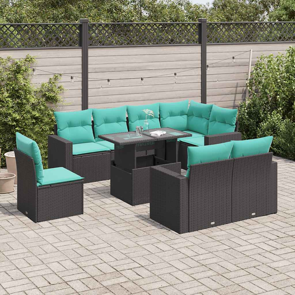 9-Tlg. Garten-Sofagarnitur Mit Kissen Poly Rattan Akazie