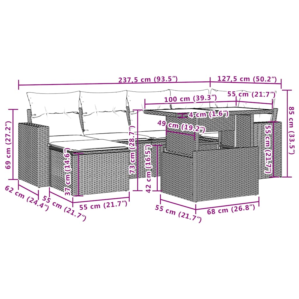 7-Teiliges Gartensofa-Set Mit Kissen, Es Polyrattan