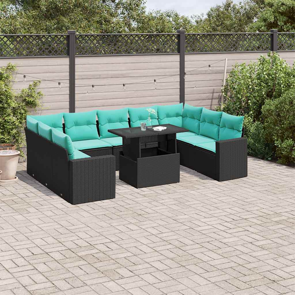 10-Tlg. Garten-Sofagarnitur Mit Kissen Poly Rattan Akazie