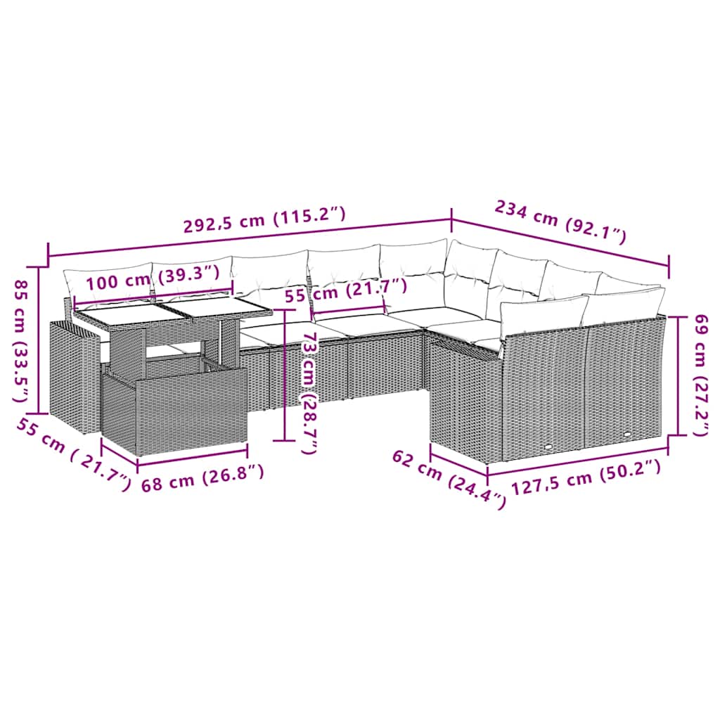 10-Teiliges Gartensofa-Set Mit Kissen, Es Polyrattan