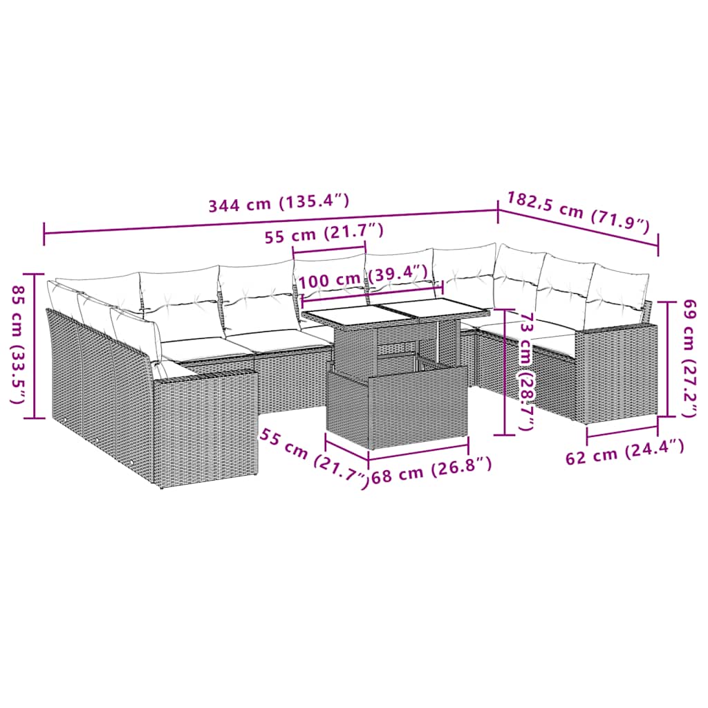 11-Tlg. Garten-Sofagarnitur Mit Kissen Schwarz Poly Rattan