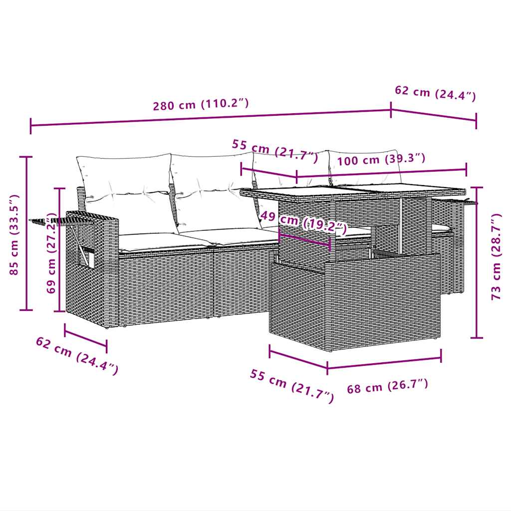5-Teiliges Gartensofa-Set Mit Kissen, Es Polyrattan