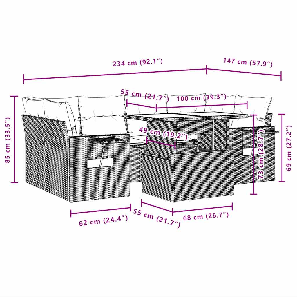 7-Teiliges Gartensofa-Set Mit Kissen, Es Polyrattan