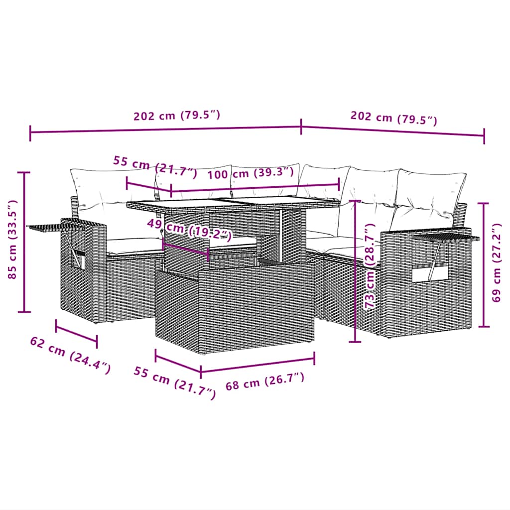 6-Teiliges Gartensofa-Set Mit Kissen, Es Polyrattan