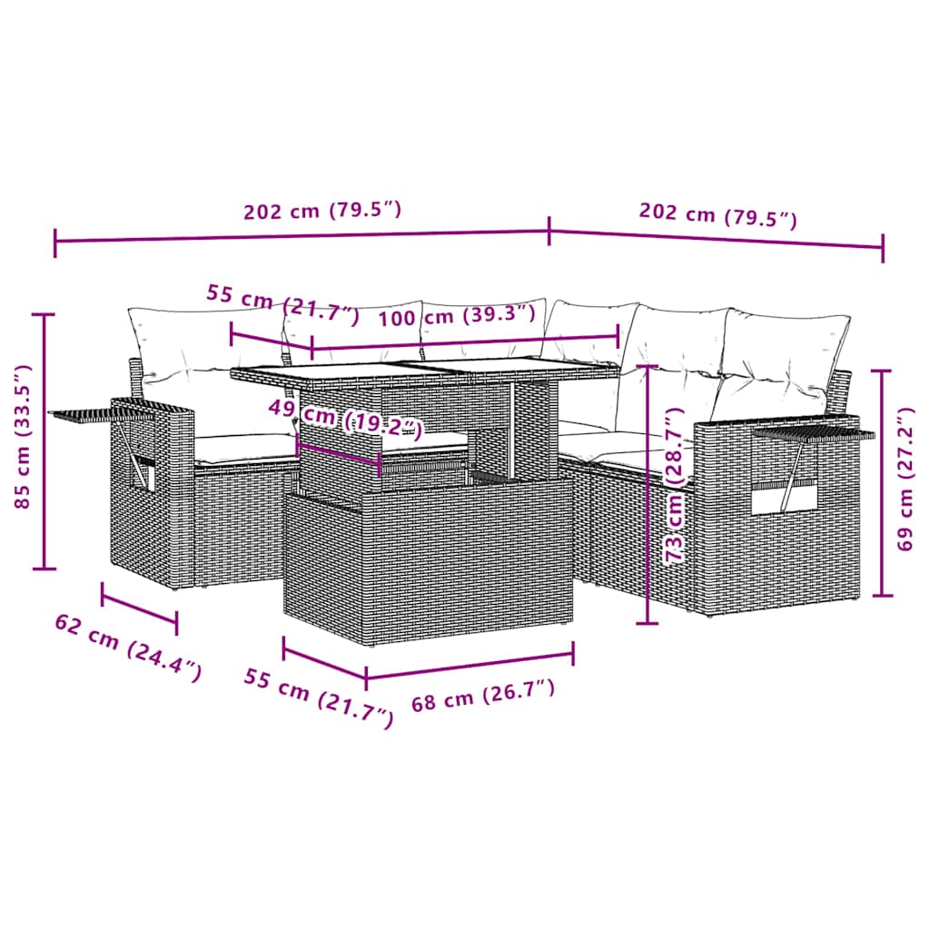 6-Teiliges Gartensofa-Set Mit Kissen, Es Polyrattan