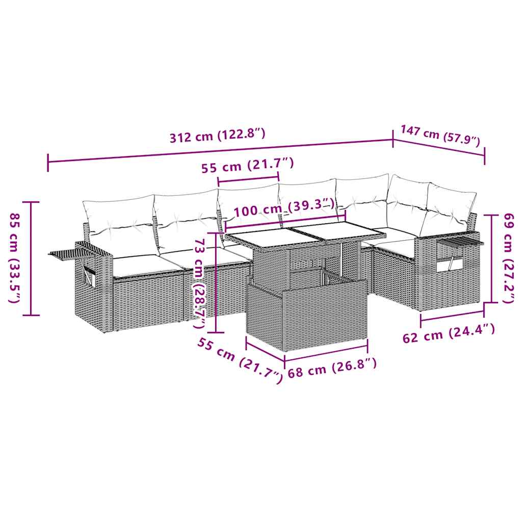 7-Teiliges Gartensofa-Set Mit Kissen, Es Polyrattan