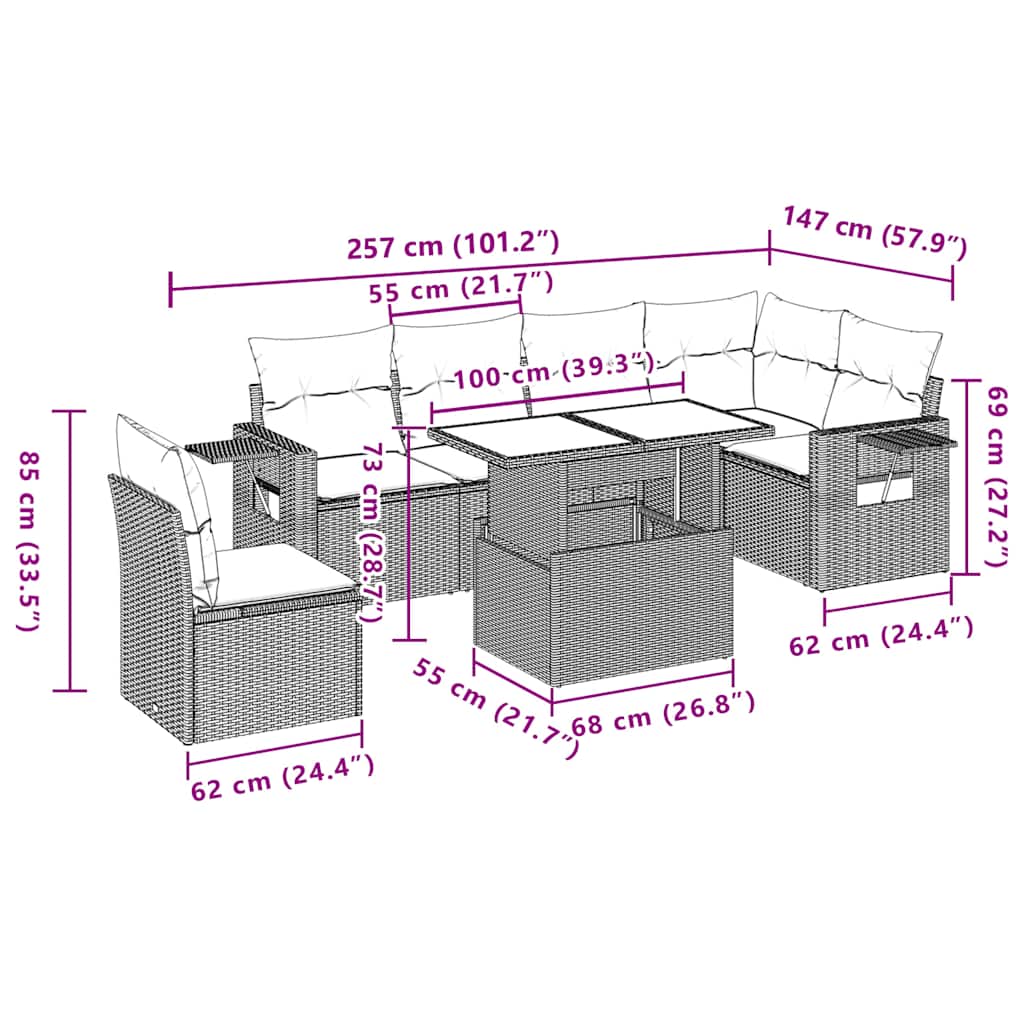 7-Teiliges Gartensofa-Set Mit Kissen, Es Polyrattan