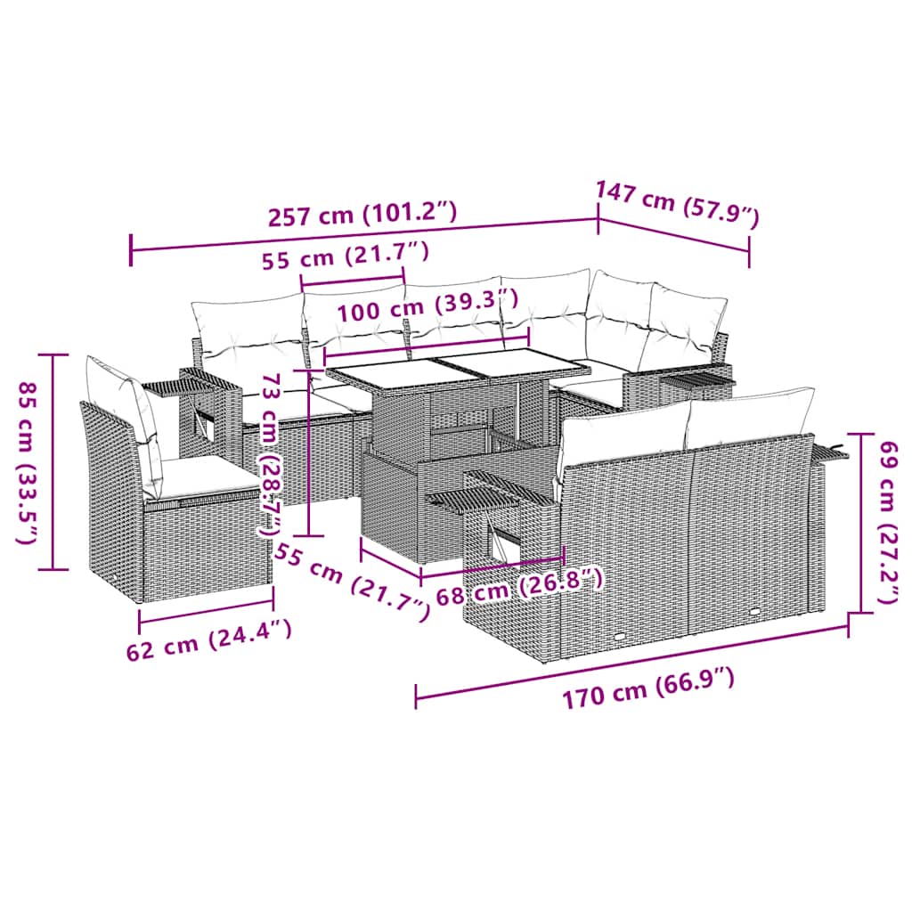 9-Teiliges Gartensofa-Set Mit Kissen, Es Polyrattan