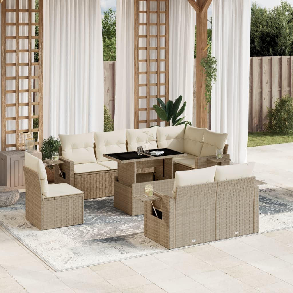 9-Tlg. Garten-Sofagarnitur Mit Kissen Beige Poly Rattan